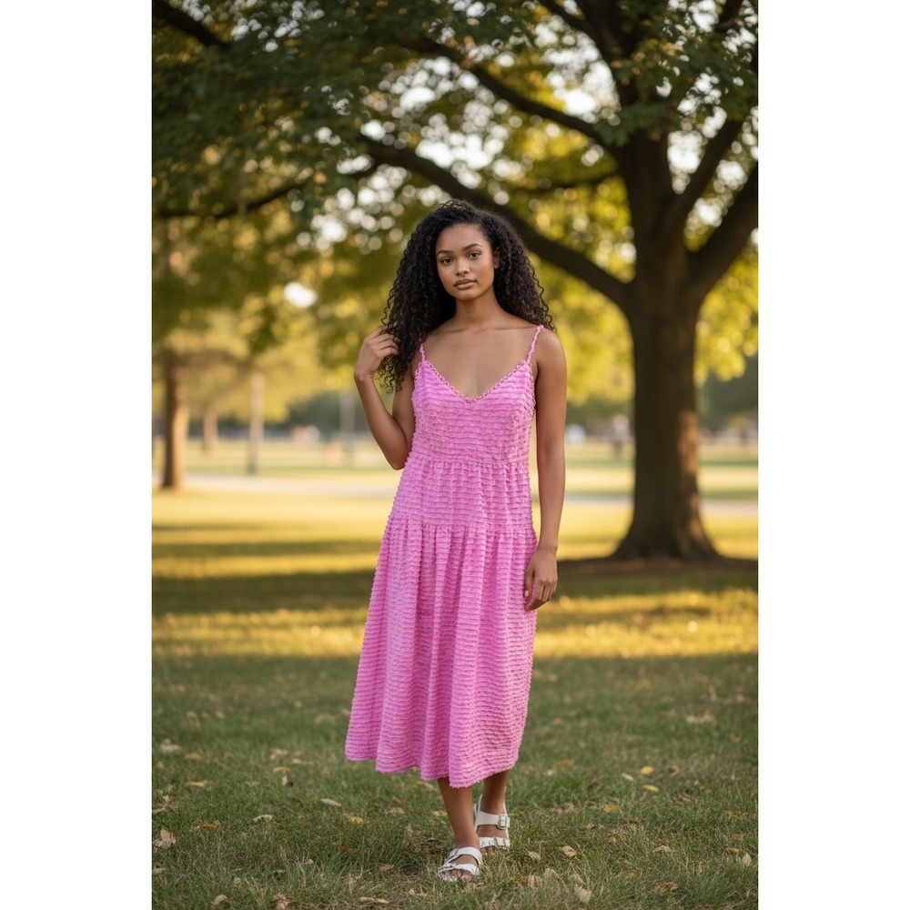 LOST + WANDER Pink Paloma Maxi Dress M Spaghetti Strap Tiered Textured Crinkle